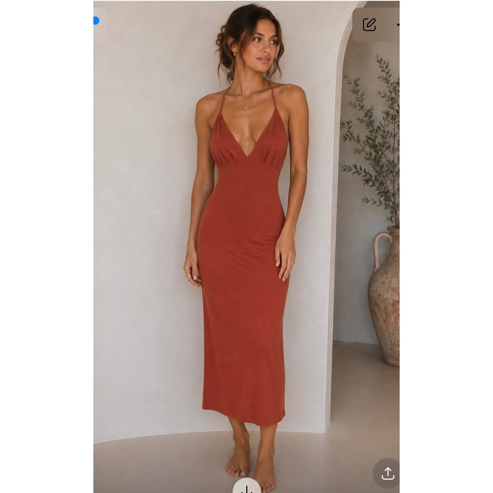 MINKPINK  Rust V-Neck T-Back Midi Dress with Front Slits Boho Summer Wedding